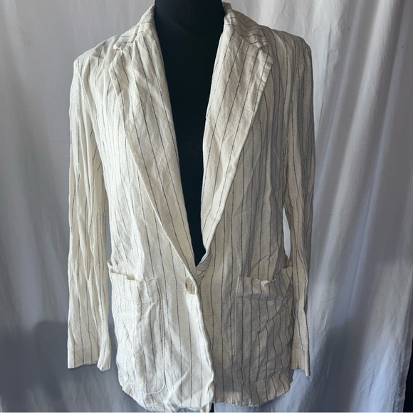 a new day Ivory and Charcoal Pinstripe Blazer pine striped linen blend - Picture 1 of 4